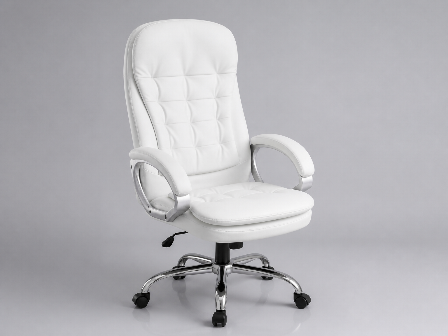 2026 Ergonomic White Leather High-Back Executive Office Chair – Quilted Backrest, 360° Swivel, Chrome Base