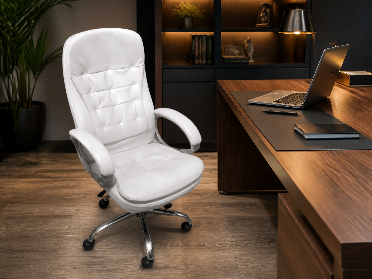 2026 Ergonomic White Leather High-Back Executive Office Chair – Quilted Backrest, 360° Swivel, Chrome Base