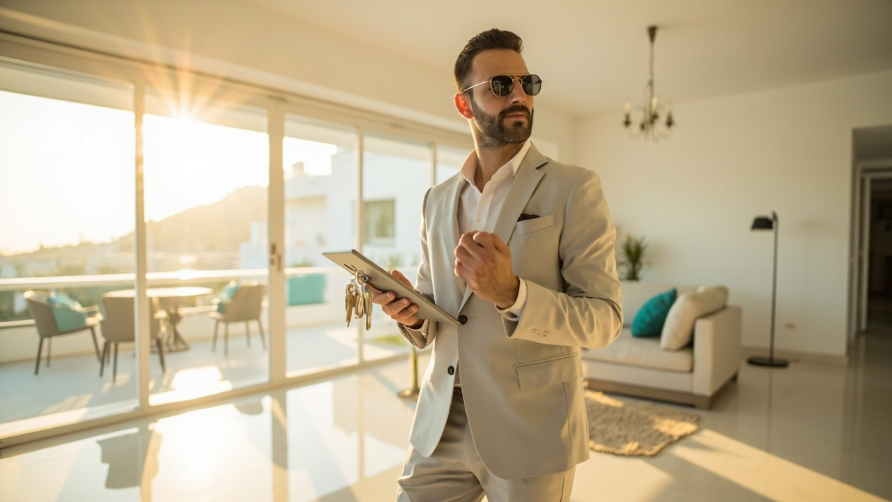 Property manager holding keys and a tablet inside a bright apartment in Cyprus