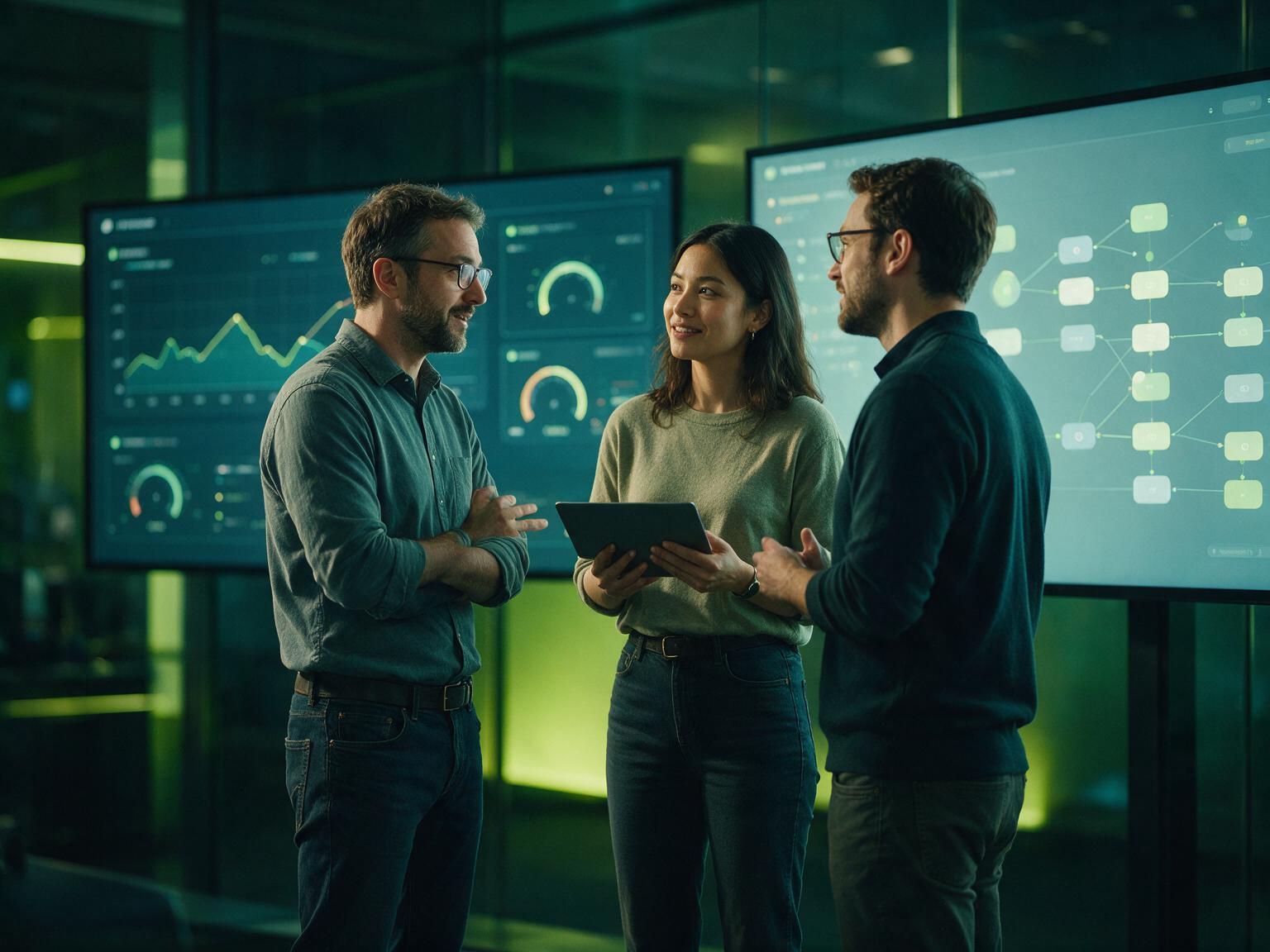 A xeromike team reviewing live AI agent activity in an operations room