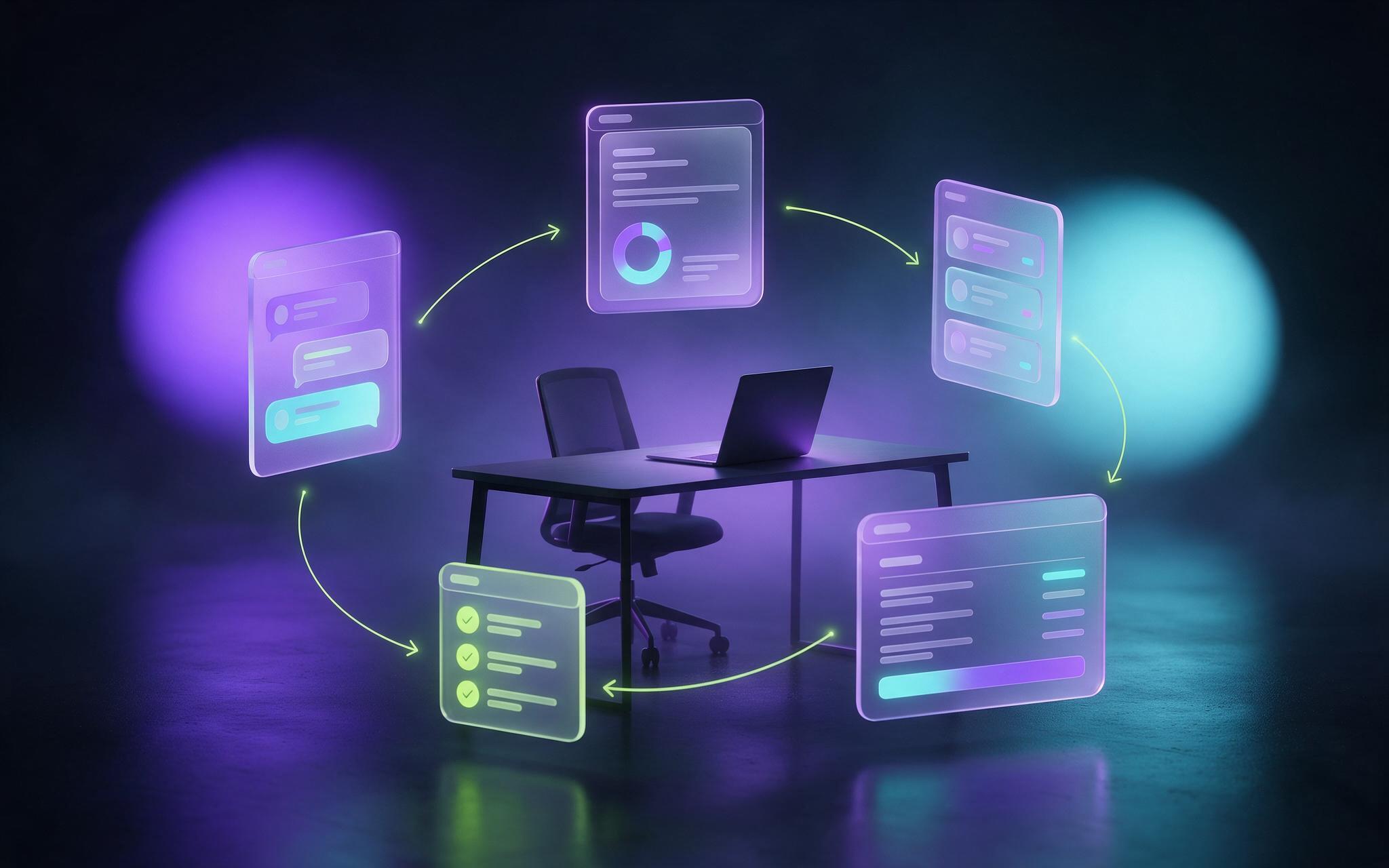 A single founder surrounded by orbiting translucent AI panels on a dark background