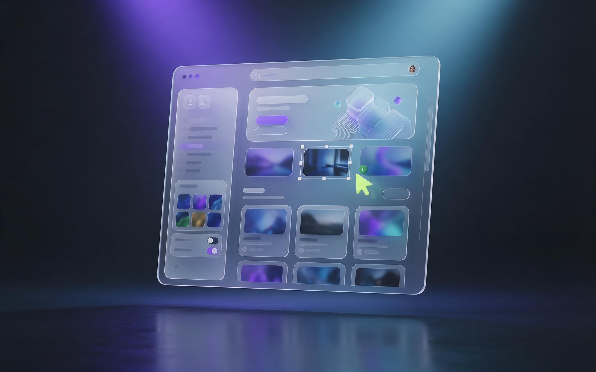 A translucent browser frame with new content blocks growing out of it