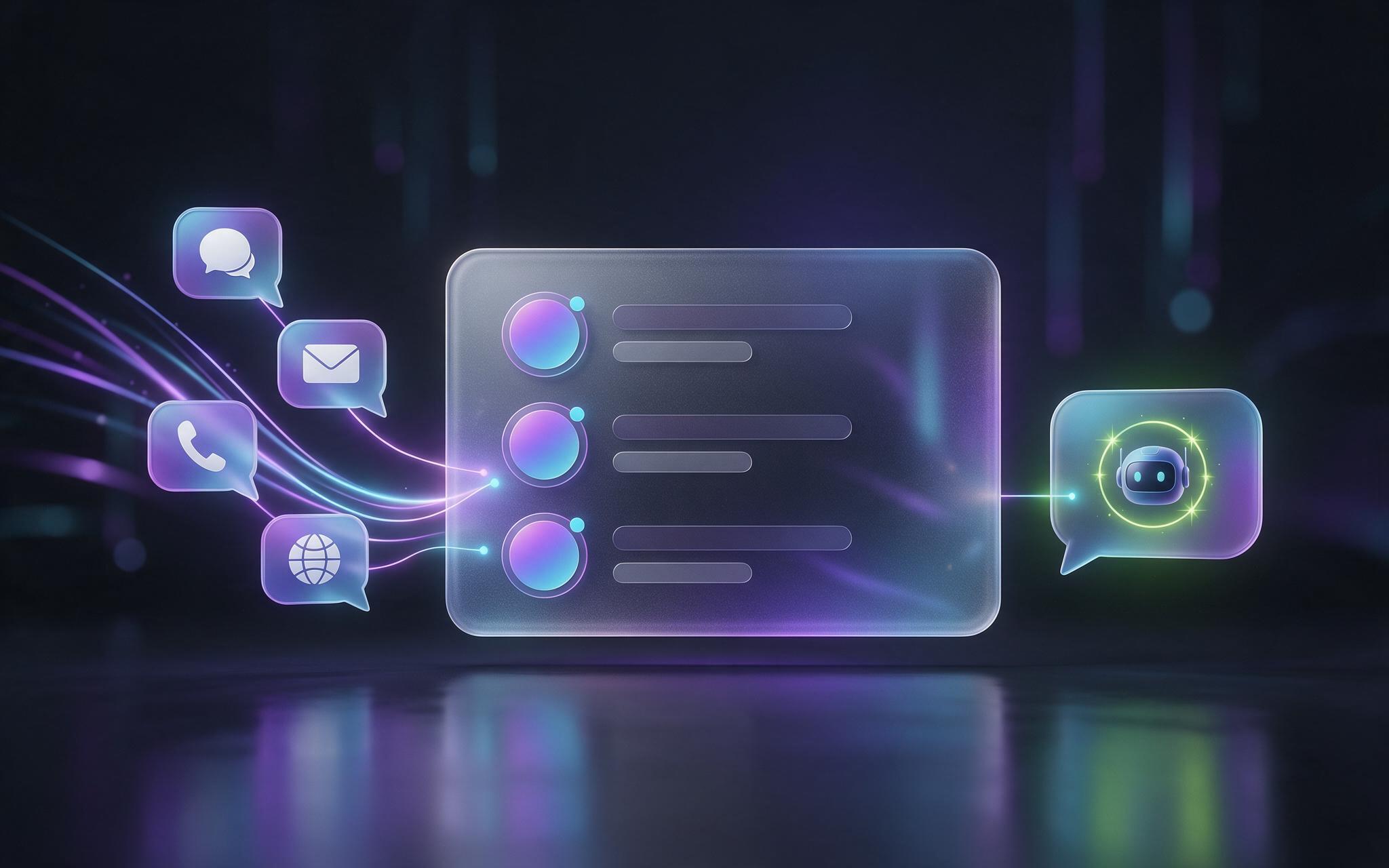 A shared inbox receiving messages from chat, email, phone and web, with an AI reply drafted on the right