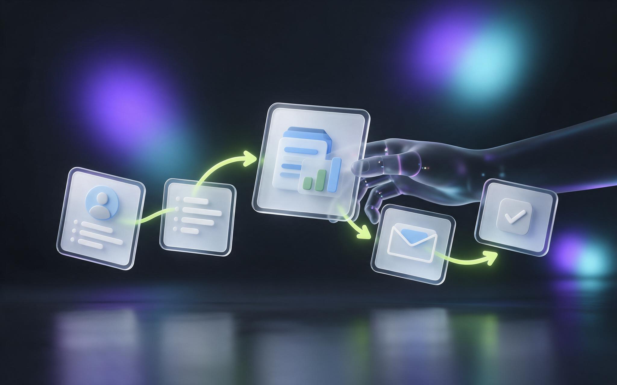 Five glass cards — contact, notes, proposal, email and handover — linked by arrows in a relay chain