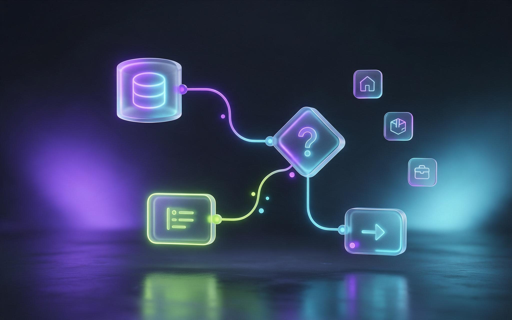 Glass blocks assembling into a workflow diagram, with industry icons for property, trade and services