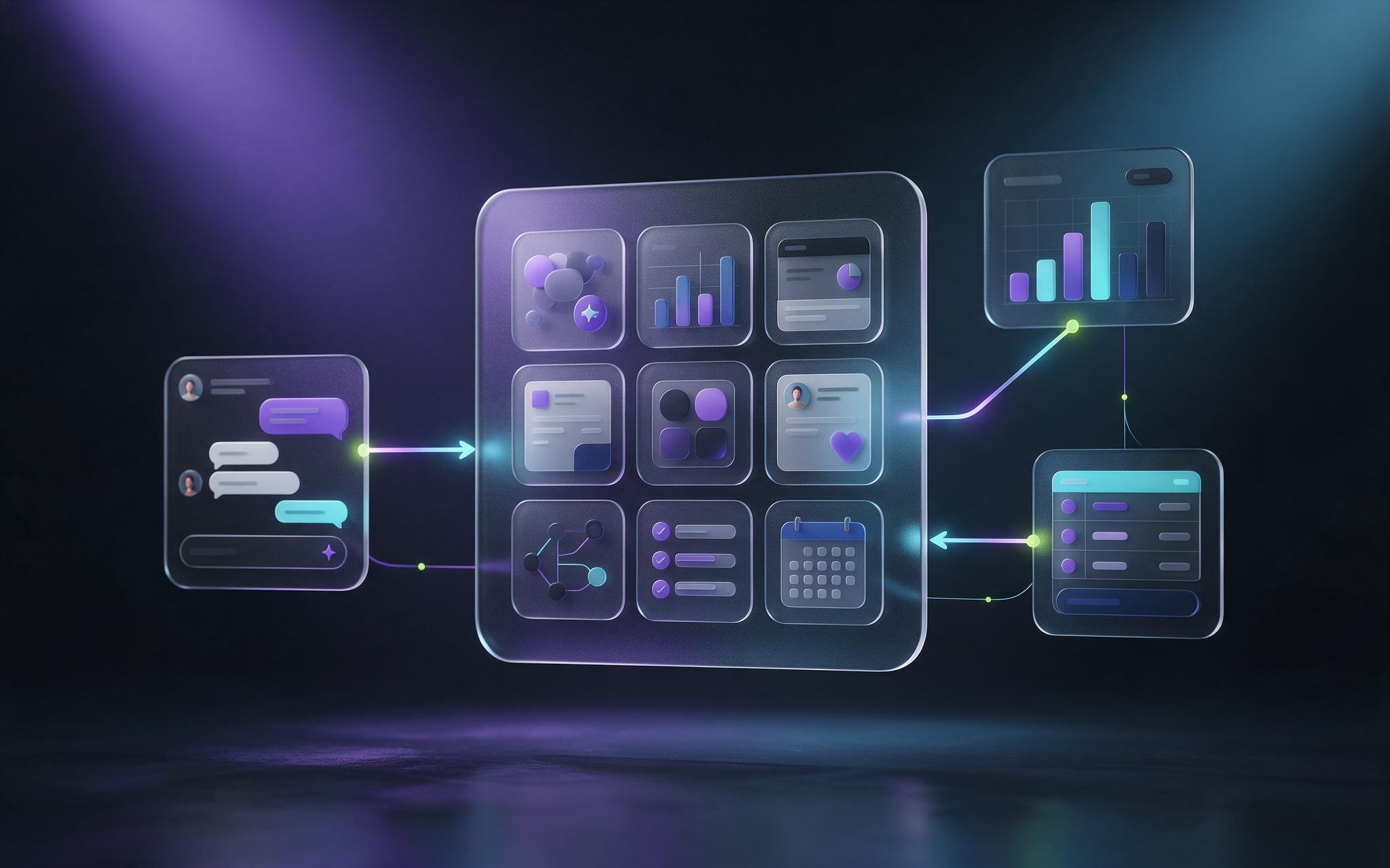 A dark AI workspace: a nine-card case library screen surrounded by a live chat panel, a sales chart and a finance ledger
